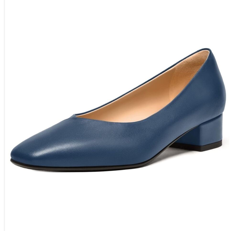FEMSTEP Womens 6 Blue Leather Fashion Wedding Square Toe Slip On Low Heel Pump